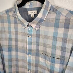 CALVIN KLEIN Pastel Blue Plaid Button Down Large Men's Long Sleeve Shirt Cotton